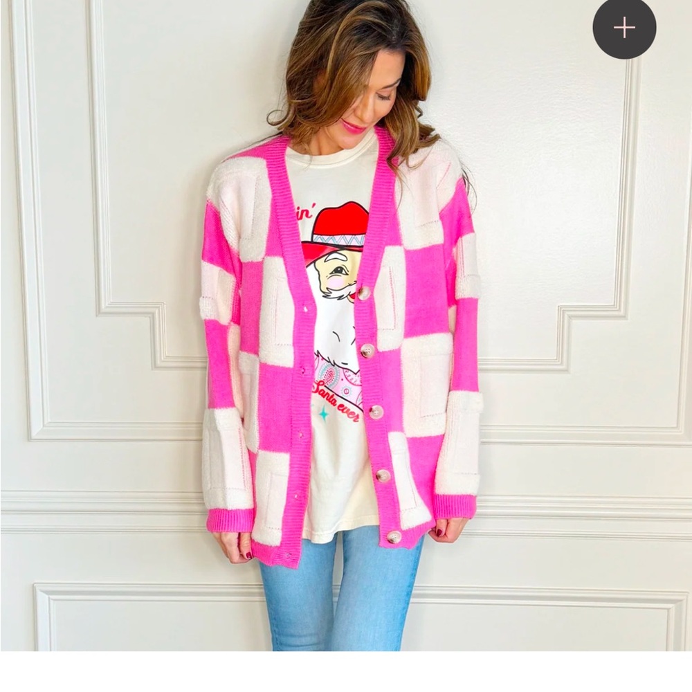 NWOT Poppy & Pine Pink and White Checkered Cardigan Size L